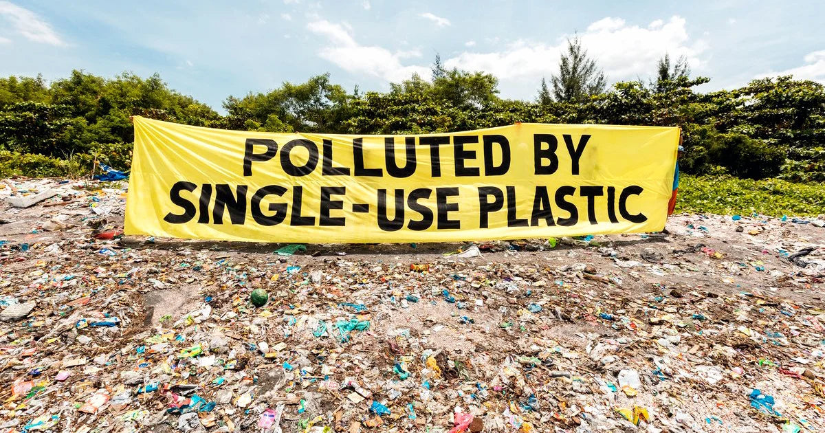 Large yellow sign on a trash-filled beach reads "Polluted by single-use plastic"